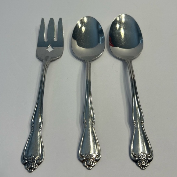 Oneida  Arbor Rose Stainless 3 piece serving Spoons And Meat Fork CANADA - Picture 1 of 6